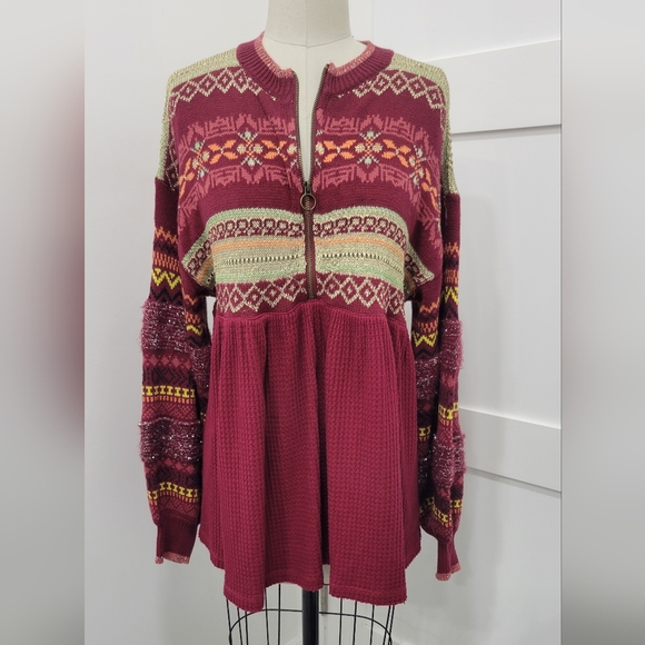Sweaters - Free People Women's Cabin Fever Pomegranate Wine Oversized Thermal  Sweater Sz M